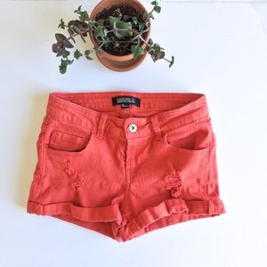 Red Cuffed Denim Shorts